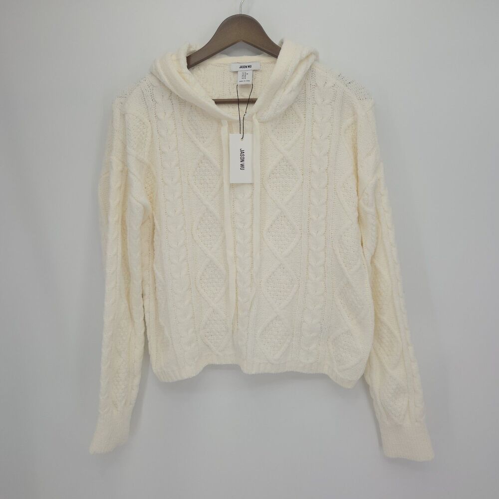 New Jason Wu Womens Chenille Cable Knit Hoodie Sweater Cream Size Medium